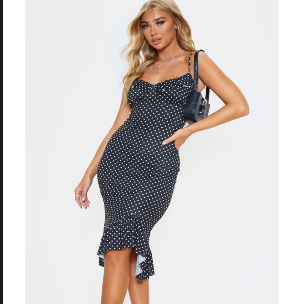 Black Polka Dot Frill Detail Midi Dress